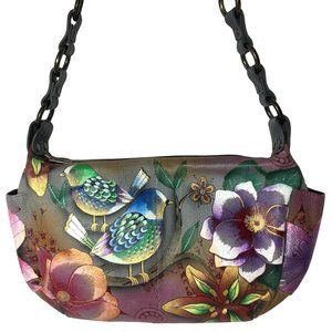 Anuschka NEVER USED Handpainted Leather Shoulder Bag Birds Floral Gray